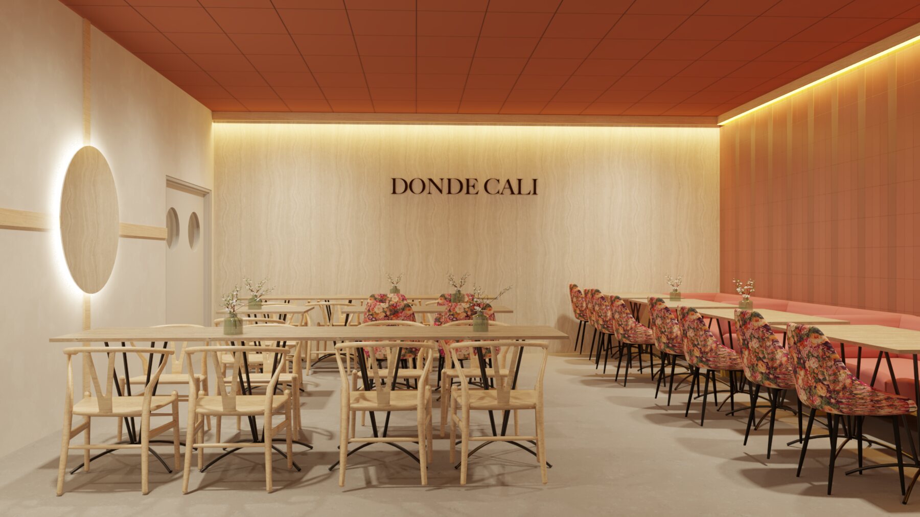 Comedor de Donde Cali con banqueta clara y luz lineal cálida