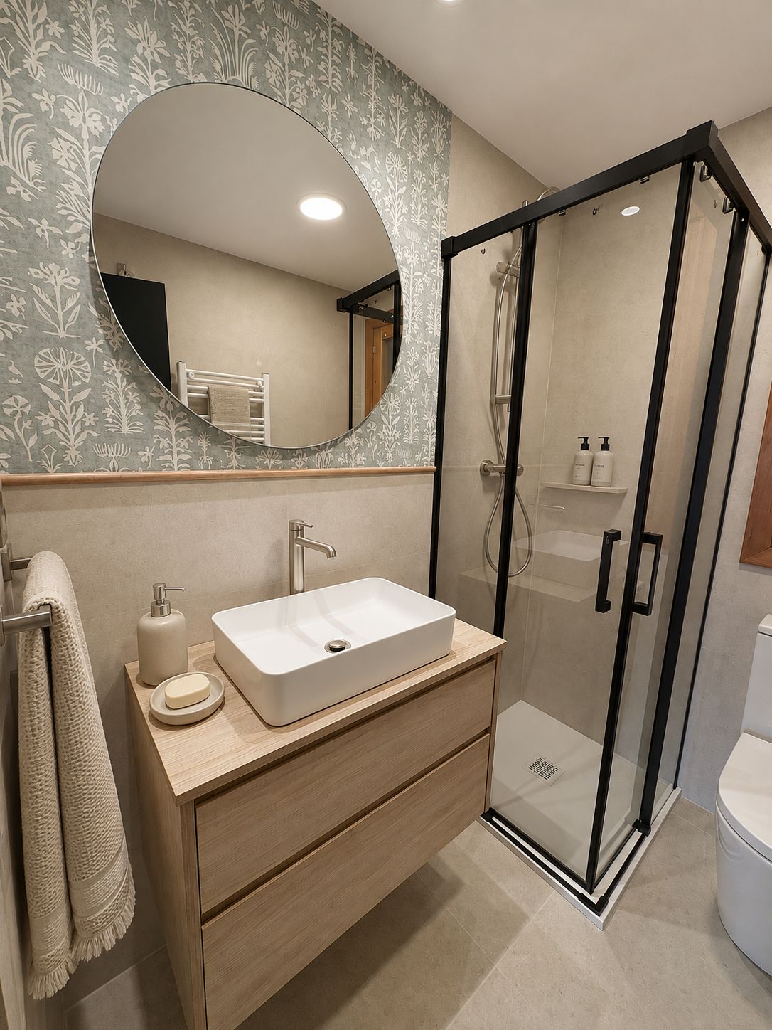 Baño de la vivienda en Formigal con lavabo de piedra, espejo redondo y mampara negra