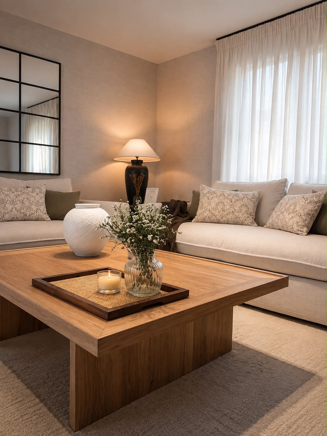 Salón luminoso en Formigal con sofá claro y mesa de centro de madera