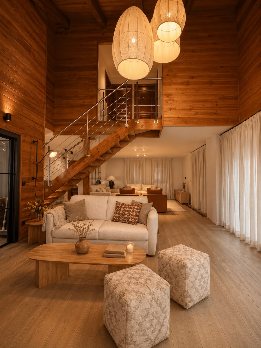 Salón de Formigal con sofá, escalera y lámparas de fibra natural