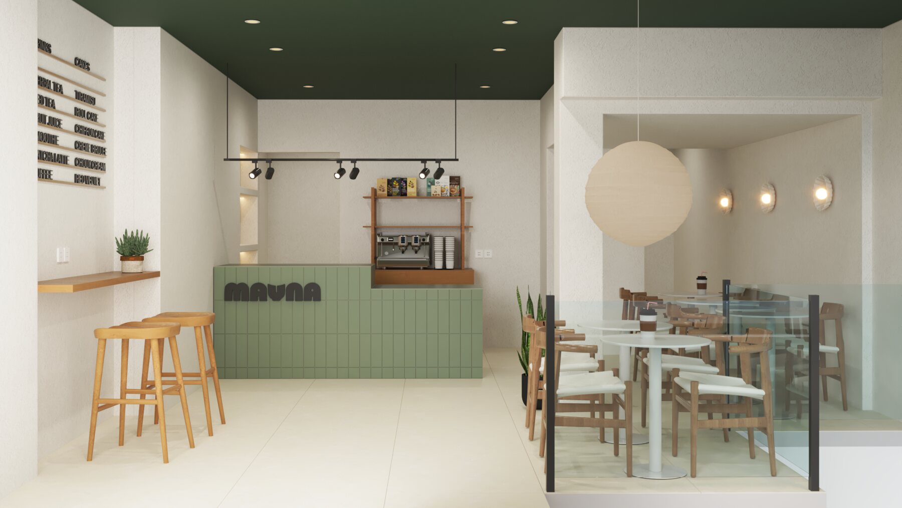 Cafetería Mauna con barra verde, taburetes de madera y mesas claras